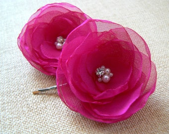 Fuchsia wedding flowers fuchsia fascinator wedding hair clips accessories bridesmaid hair piece wedding hair piece bridal flowers