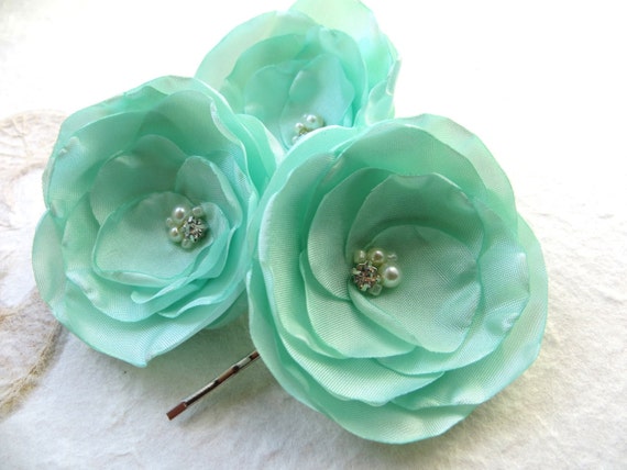 Mint green wedding hair flowers set of 3 bridesmaid bridal ...