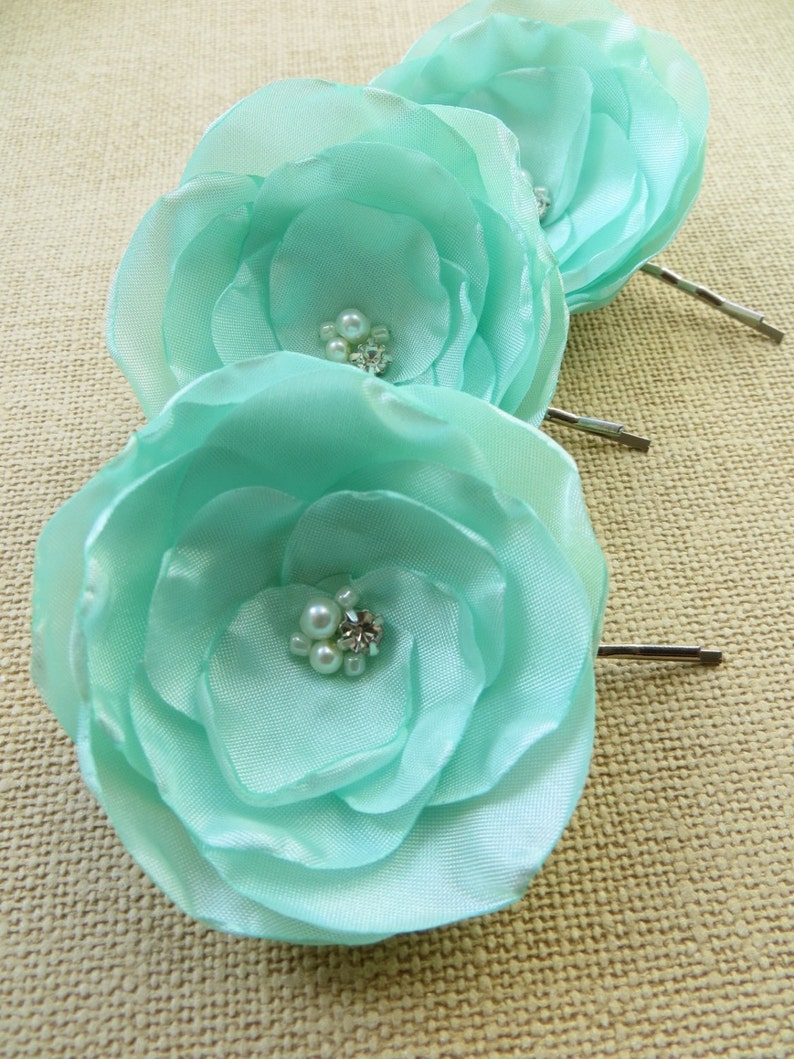 Mint Green Wedding Hair Flowers set of 3 Bridesmaid Bridal Etsy