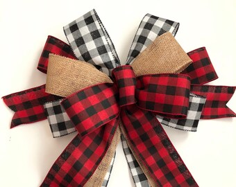 Buffalo Plaid Christmas Wreath Bow: Handmade Red, Black & Burlap