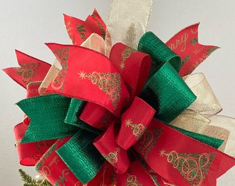 Christmas Tree Topper / Red , Green and Gold Xmas Decorative Bow  /  Merry Christmas Decor Bow /  Xmas Red and Green Topper / Christmas Bow