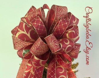Christmas Tree Topper / Christmas Decorative Bow / Christmas Burgundy and Gold Decor Bow / Xmas Swirl Patterned