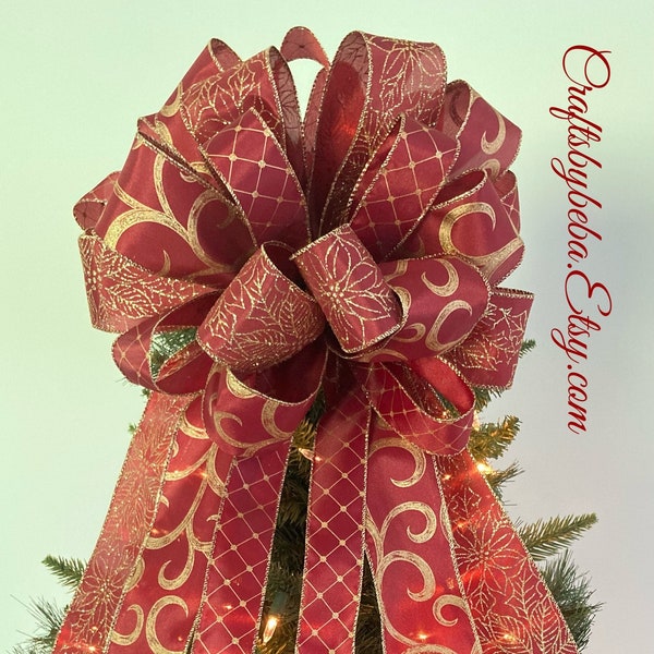 Christmas Tree Topper / Christmas Decorative Bow / Christmas Burgundy and Gold Decor Bow / Xmas Swirl Patterned