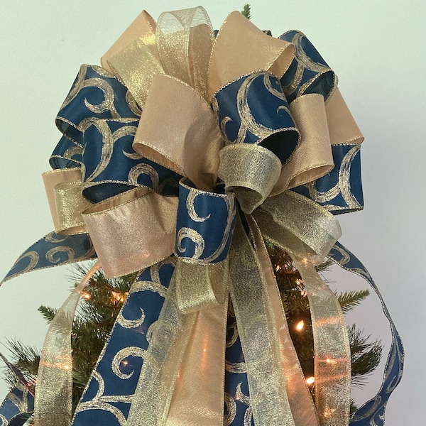 Christmas Tree Topper / Christmas Blue and Gold Tree Topper / Swirls Gold Glittery - Shimmery and Blue Tree Topper / Christmas Decor Bow