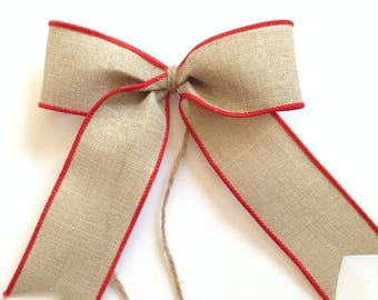 Christmas Bows / Natural - Burlap Bows / Burlap and Red Decorative Bows / Set of 12 Bows / Small Burlap Bows / Natural and Red Decor Bows