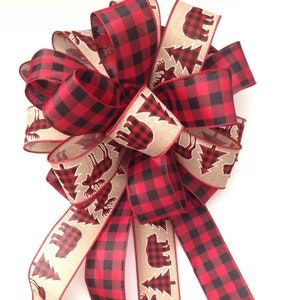 Christmas Tree Topper / Xmas Decorative Bow / Buffalo Xmas Tree Topper / Plaid Buffalo Red and Black Christmas Bow / Mix Wired Ribbon image 2