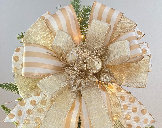 Gold Christmas Tree Topper / Gold off White Christmas Decorative Bow