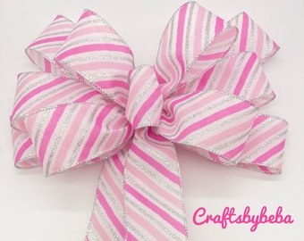 Pink Christmas Wreath Bow: Silver Peppermint Stripes, Tree Topper