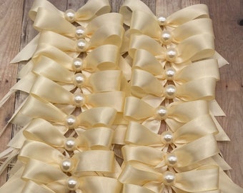 Satin Wedding Bows: Beige Pearl Decor, Set of 24