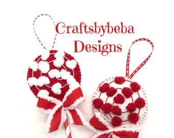 Christmas Lollipops Ornaments / Set of 2 Ornaments / Xmas Red and White Lollipops / Pom Pom Lollipops Ornaments / Christmas Decor Lollipops