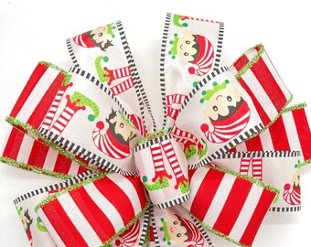 Elf Christmas Bow: Handmade Whimsical Red and White Wired Ribbon