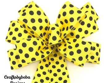 Bumblebee Decorative Bow / Yellow and Black Wreath Bow / Black Polka Dots - Yellow Decor Bow / Bumble Bee Wreath Bow / Black and Yellow Bow