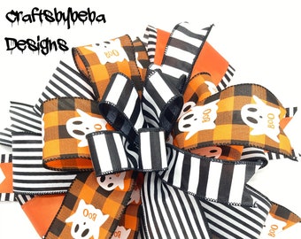 Halloween Decorative Bow / Boo Boo Bow / Black , White and Orange  Halloween Decorative Bow / Halloween Plaid , Stripes Decor Bow / Tree Top