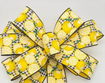 Lemon Wreath Bow / Yellow Lemon and Black and White Gingham Bow / Gingham and Lemon Decorative Bow / Summer Lemon Decorative Bow / Lemon