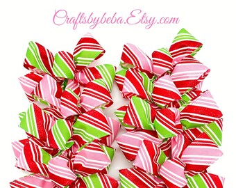 Pink Red and Green Christmas Bows: Handmade Diagonal Stripes Set 8