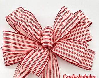 Christmas Wreath Bow / Red and White Ticking Decorative Bow / Xmas Red and White Decorative Bow / Christmas Tree Topper