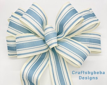 Blue Stripes Decorative Bow / Primitive Blue Stripes Wreath Bow / Farmhouse Blue Decor Bow / Christmas Wreath Blue Bow