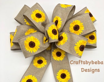 Sunflower Natural Decorative Bow / Sunflower Wreath Bow / Wedding Sunflower Decorative Bow / Natural - Burlap Color Sunflower Decor Bow