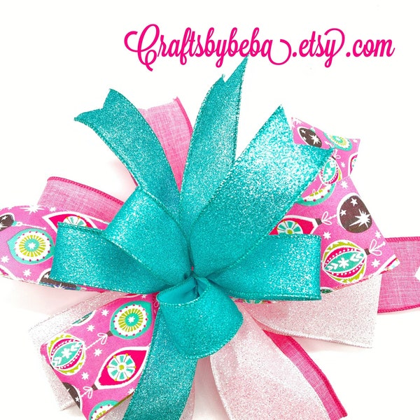 Christmas Decorative Bow / Whimsical Christmas Lantern Bow / Christmas Tree Topper / Xmas Pink - Teal Decor Bow / Christmas Bow