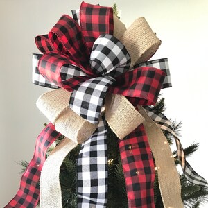 Buffalo Plaid Christmas Tree Topper - Red Black Burlap Bow - 13" Rustic Farmhouse Holiday Decor - Handmade
