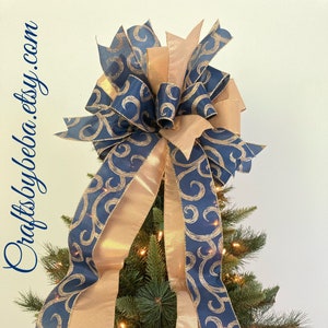 Blue and Gold Christmas Tree Topper Bow: Elegant Handmade Decoration