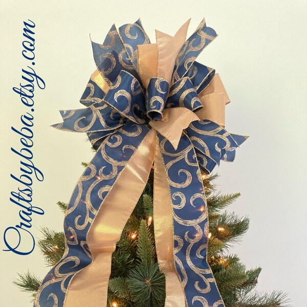 Christmas Tree Topper / Christmas Blue and Gold Tree Topper / Gold Swirl and Blue Christmas Decorative Bow