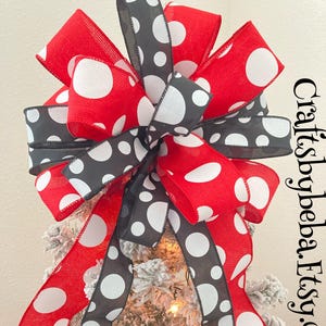 Christmas Tree Topper / Red, Black and White Polkadots Christmas Decorative Bow / Christmas Polkadots Decorative Bow