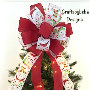 Snowman Christmas Tree Topper: Handmade Red Wired Ribbon Bow