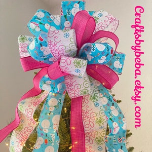 Snowman Christmas Tree Topper: Whimsical Pink & Blue Decorative Bow