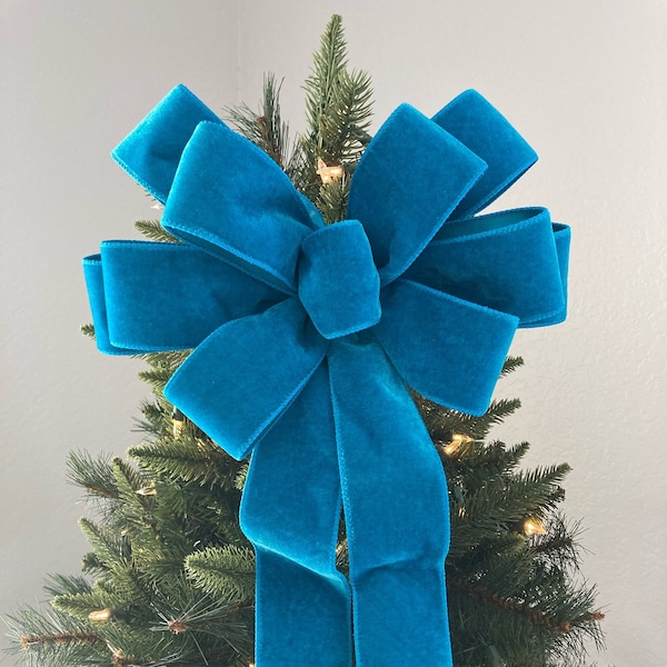 Teal Christmas Tree Topper / Christmas Teal Velvet Decorative Bow / Christmas Velvet Wreath Bow / Teal Velvet Decor Bow