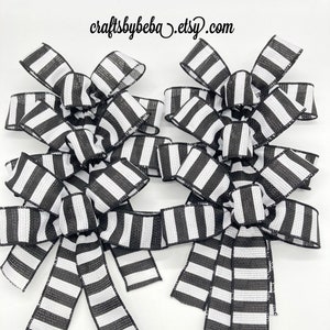 Black and White Striped Christmas Bows - Set of 6 - Handmade Decoration