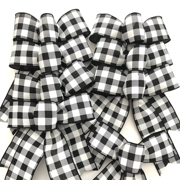 Buffalo Plaid Christmas Bows - Black & White Decorative Set 8