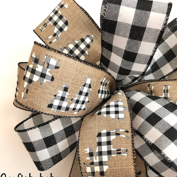 Buffalo Plaid Christmas Tree Topper Bow: Handmade Black & White Wired Ribbon