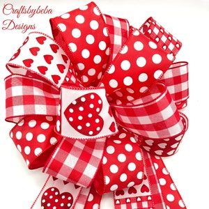 Red and White Valentine Tree Topper: Handmade Polka Dot Plaid Heart Bow