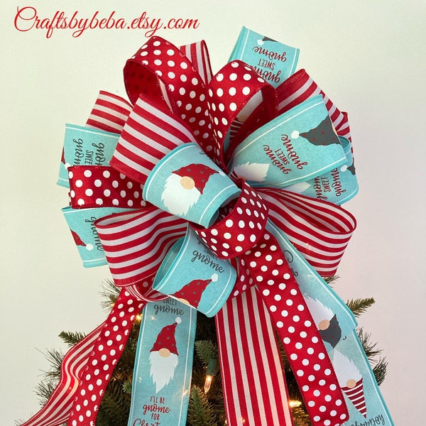 Gnome Christmas Tree Topper / Christmas Tree Topper / Teal and Red Xmas Decorative Bow / Gnome Teal , Polkadots and Stripes Tree Topper