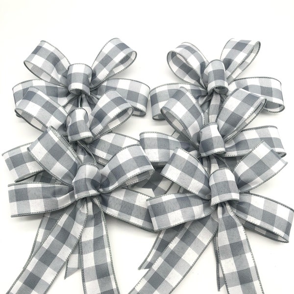 Gray Color Plaid Decorative Bows / Set 6 Bows / Gray and White Plaid Decor Bows / Christmas Tree Bows / Xmas Gray and White Decor Bows