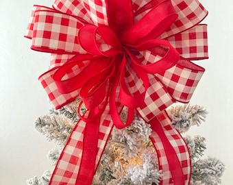 Red White Plaid Christmas Tree Topper : Handmade Decor Bow