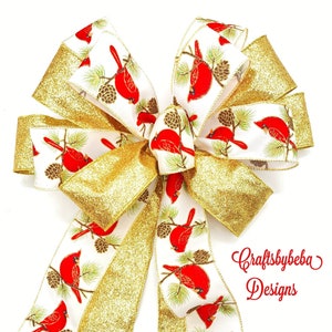 Cardinal Christmas Wreath Bow: Red & Gold Glitter Ribbon