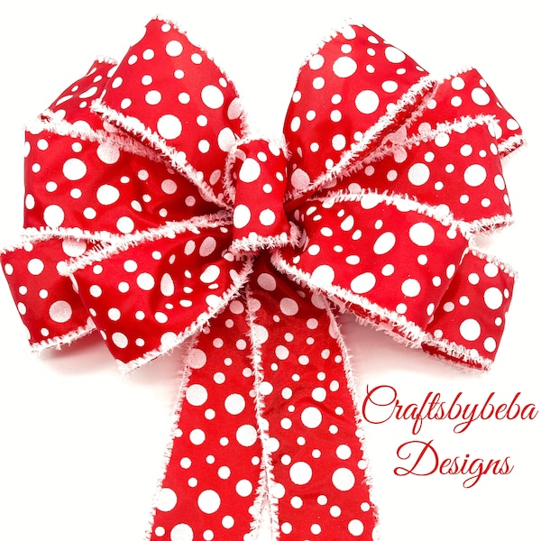 Christmas Red and White Decorative Bow / Red and White Wreath Bow / Polka Dots Xmas Decor Bow / Christmas Polka Dots Tree Topper / Xmas Bow