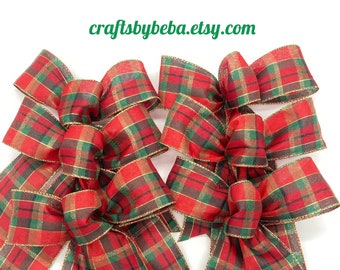 Red Green Plaid Christmas Tree Bows  Set of 6 Tartan Wired Ribbon