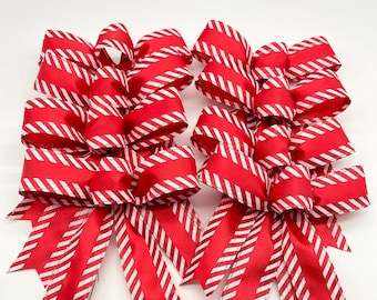 Red & White Peppermint Christmas Bows  Set of 8 Handmade  Holiday Decor