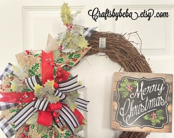 Christmas Wreath / Merry Christmas Grapevine Wreath / Rustic Christmas Wreath / Xmas Red - Black and Green / "Merry Christmas" Wreath