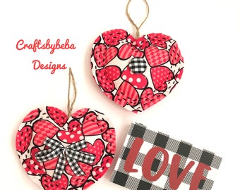 Valentine Hearts / Fabric Valentine Hearts / Hanging Hearts / Set of 2 Hearts / Red - Black Valentine Hearts / Black Buffalo Red Hearts