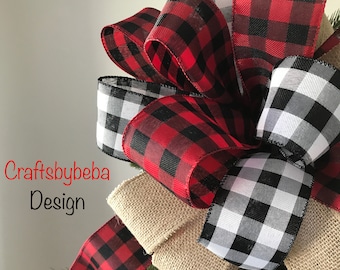 Plaid Christmas Tree Topper Handmade Buffalo Check Burlap Bow