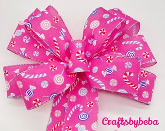 Handgefertigte rosa Bonbon-Weihnachtsschleife, Pfefferminz-Baumspitzen-Kranzdekoration