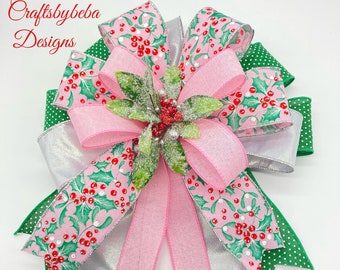 Rosa Weihnachtsbaumspitze Schleife: Holly Berry Wired Banddekoration