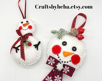 Snowman Christmas Tree Ornaments - Handmade Felt Set of 2