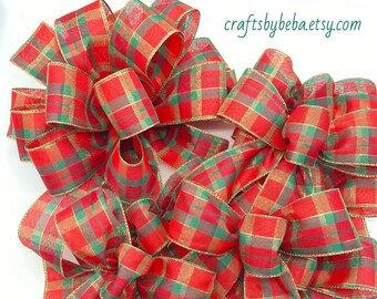 Plaid Christmas Tree Bows Set 9 : Red & Green Tartan, Handmade Decoration