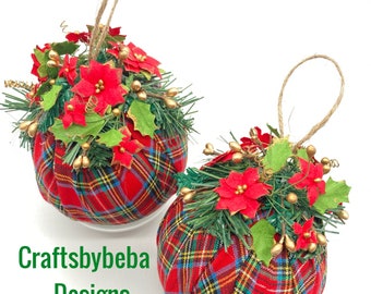 Christmas Ornaments / Set 2 Ornaments / Christmas Plaid Fabric Ornaments / Poinsettia and Plaid Ornaments / Xmas Tree Ornaments