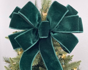 Hunter Green Velvet Christmas Bow: Handmade Wired Ribbon Tree Topper